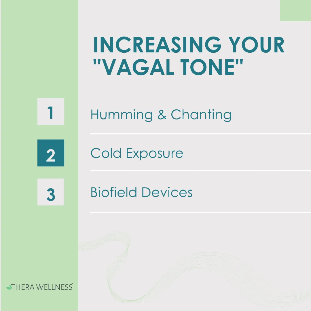 Graphic listing three methods for increasing vagal tone: humming and chanting, cold exposure, and using biofield devices.