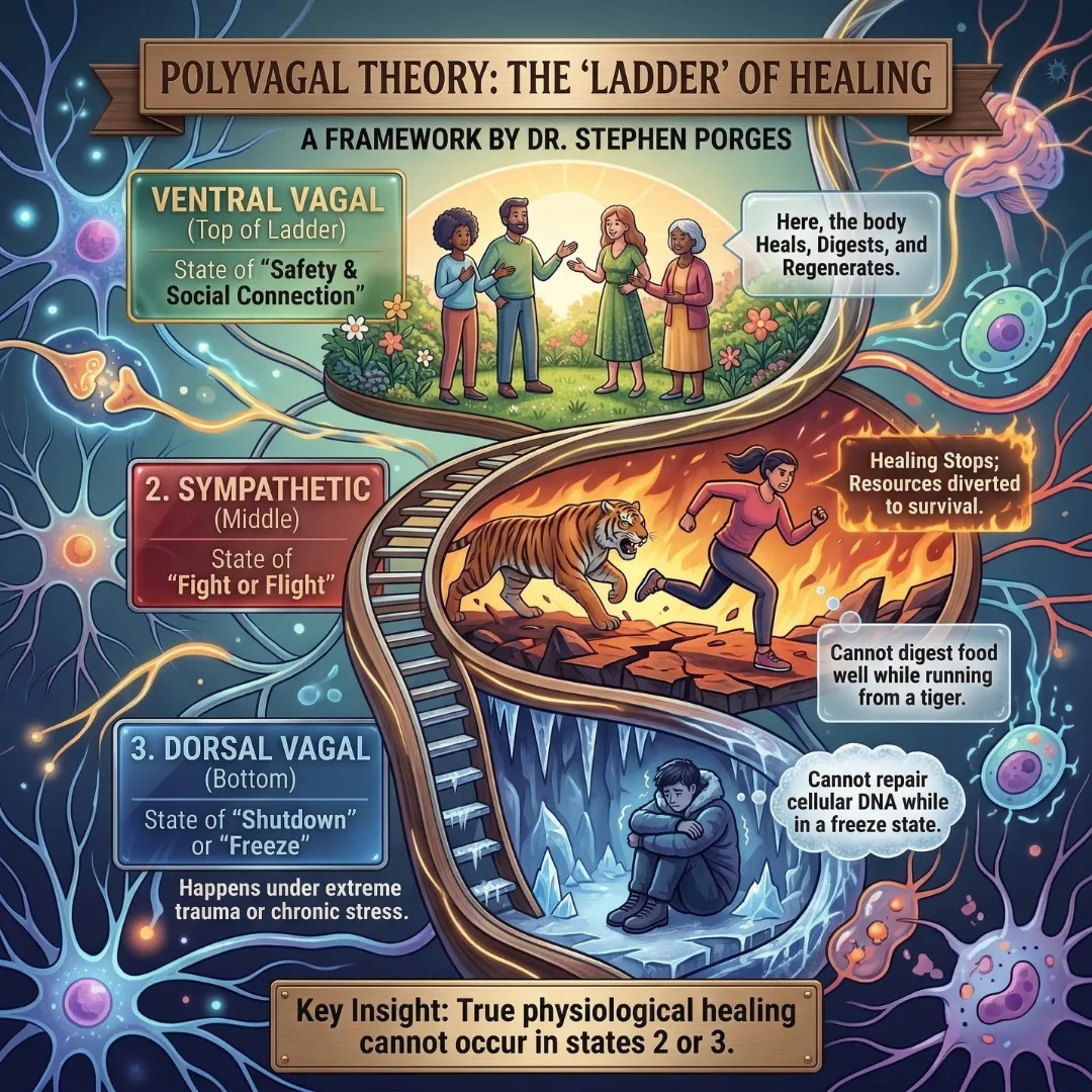 Infographic explaining Dr. Stephen Porges' Polyvagal Theory ladder, illustrating the Ventral Vagal state of safety, the Sympathetic state of fight or flight, and the Dorsal Vagal state of shutdown.