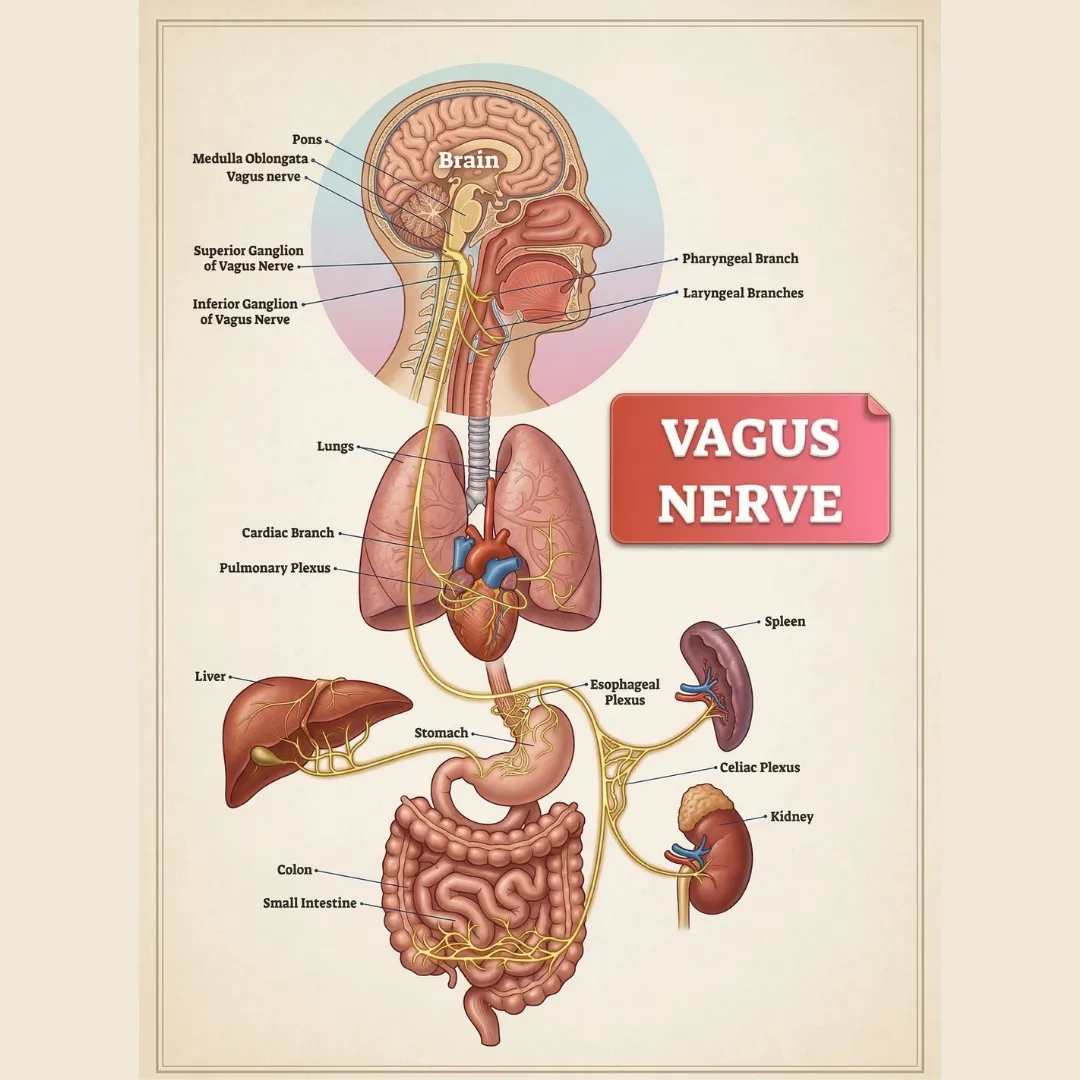 Anatomical illustration showing the Vagus Nerve pathway connecting the brainstem to major organs including the heart, lungs, stomach, and intestines.