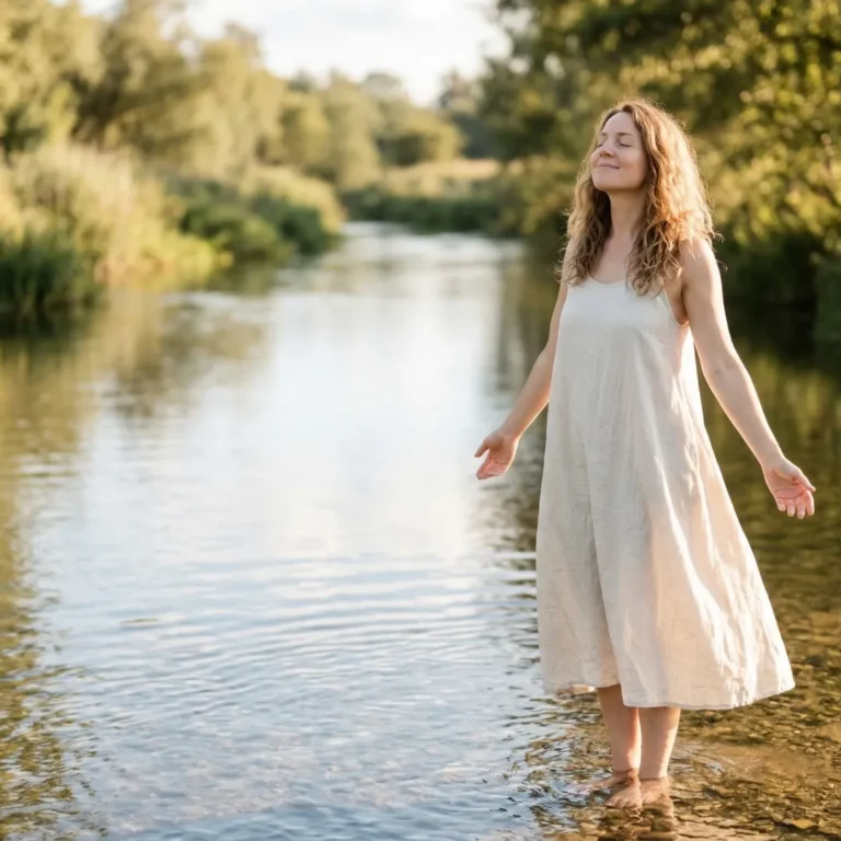 A woman standing peacefully in a shallow river with her arms open and eyes closed, representing the relaxed, healing state achieved through energy medicine.