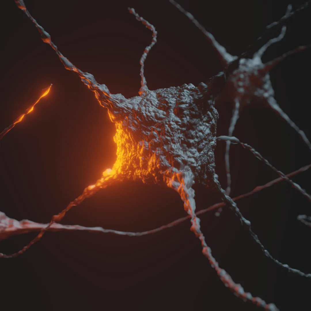 A microscopic 3D render of a single new neuron firing, representing adult neurogenesis, the birth of new neurons primarily in the hippocampus.