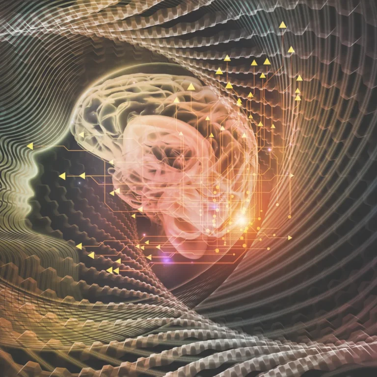 Digital illustration of a human brain with neural and data network patterns, symbolizing AI-powered meditation.