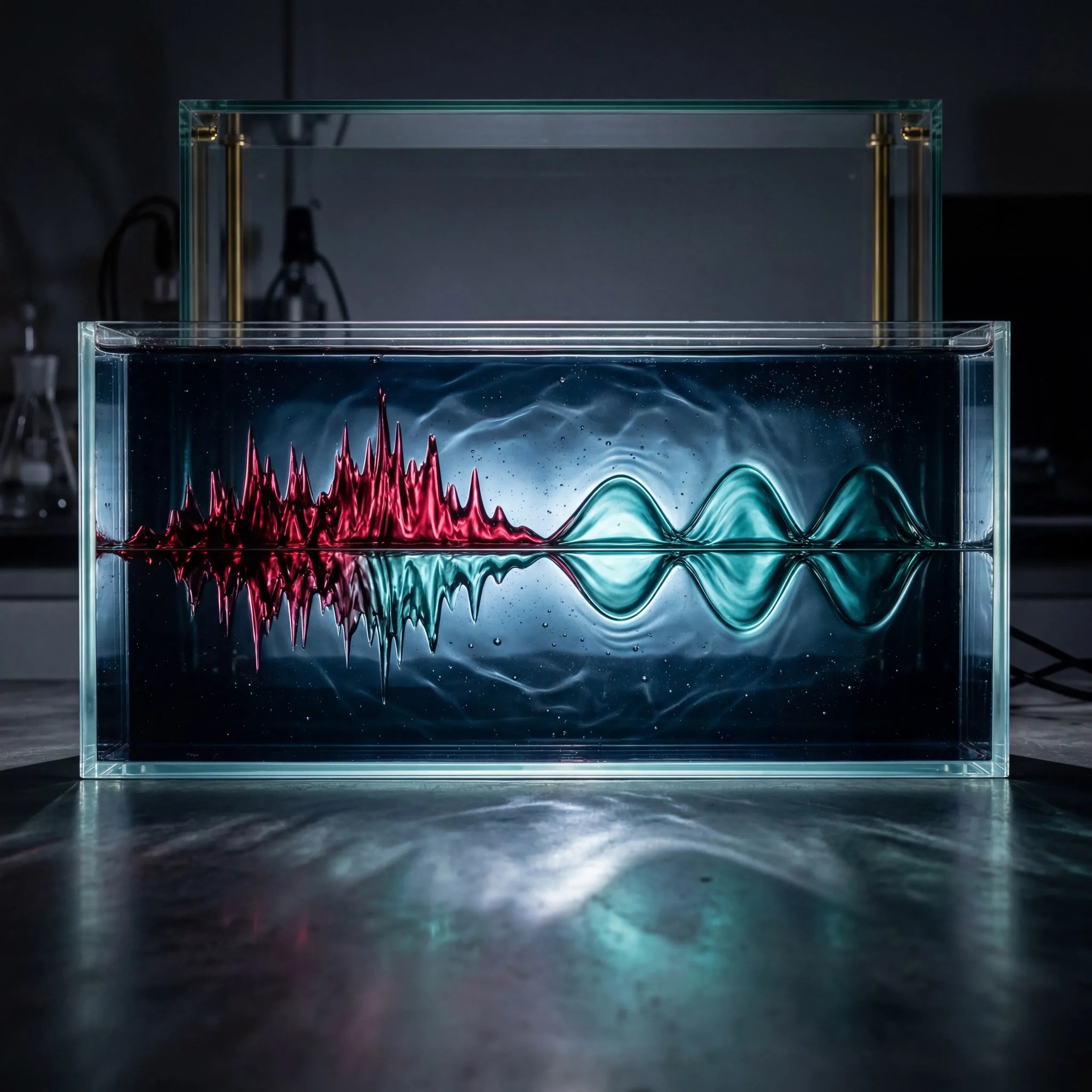 A laboratory water tank showing a red disruptive wave transforming into a harmonious green sine wave via 180-degree signal inversion technology.