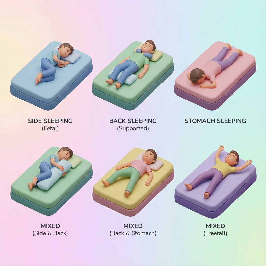 3D illustration of various sleep positions—Side (Fetal), Back (Supported), Stomach, and Mixed; highlighting side sleeping as a potential aid for glymphatic clearance.