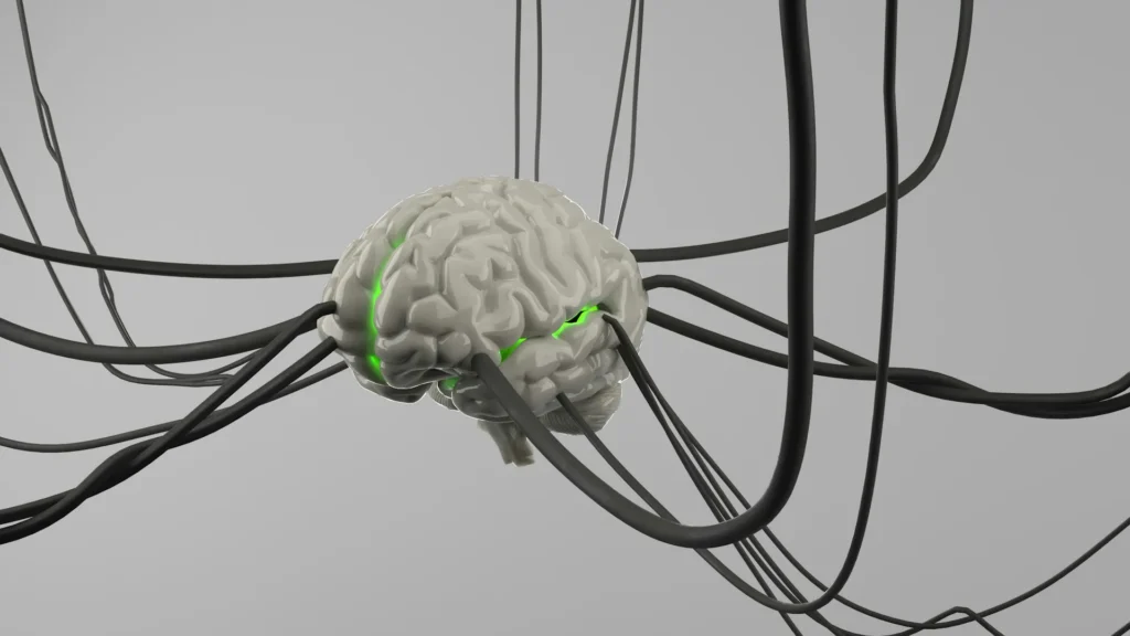 3D rendering of a human brain wired to multiple electrodes, illustrating deep brain stimulation of neural circuits