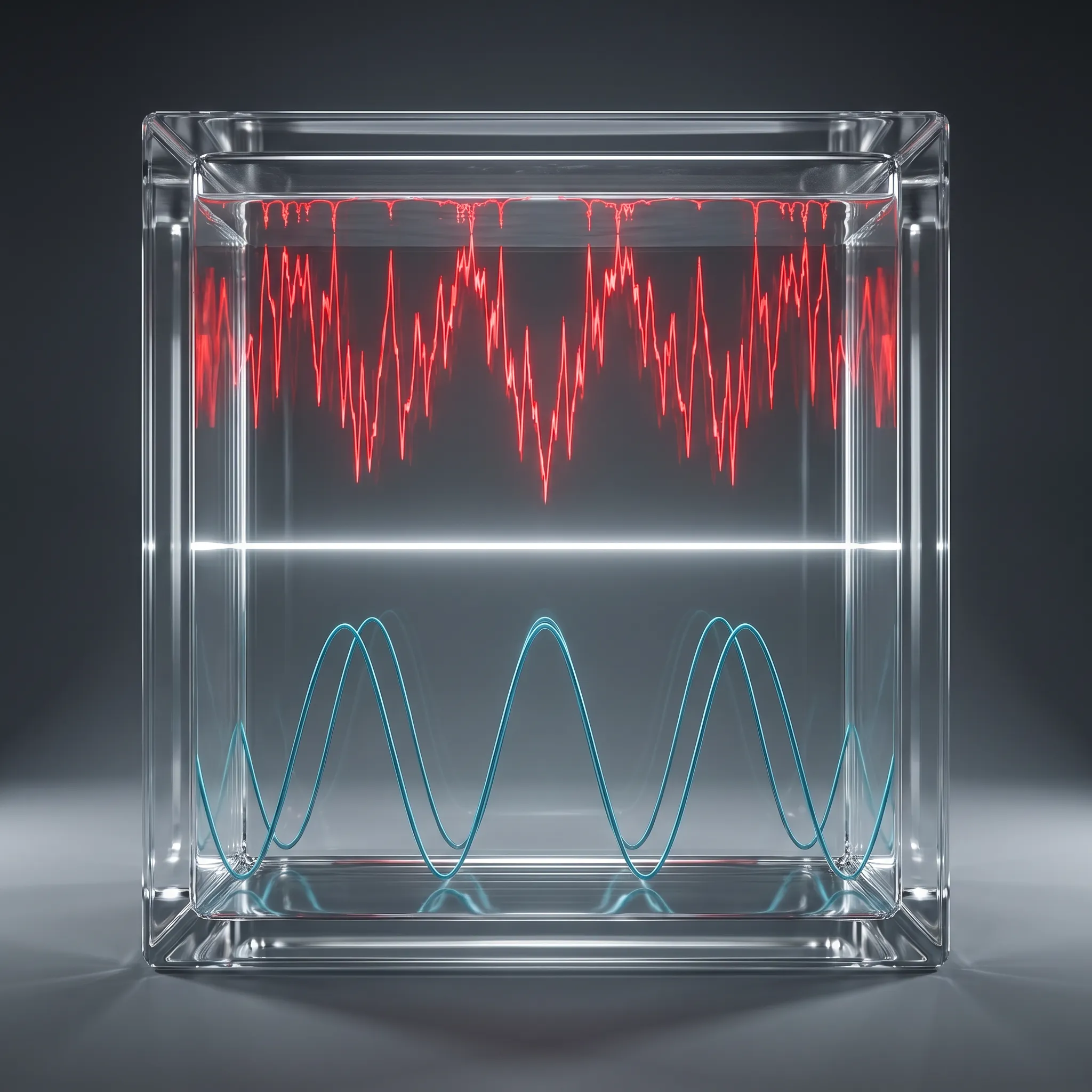 A digital display inside a glass cube showing an upper erratic red disruptive frequency signal and a lower harmonious blue inverted sine wave.