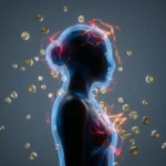Silhouette of a human body showing a blue biofield disrupted by red energetic stress signals and surrounded by environmental pollen particulates.