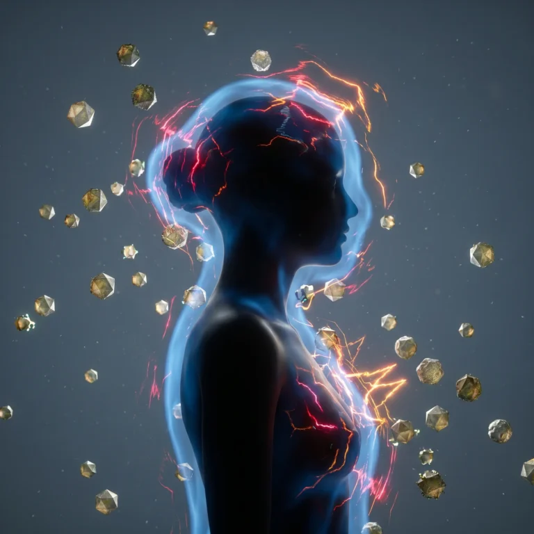 Silhouette of a human body showing a blue biofield disrupted by red energetic stress signals and surrounded by environmental pollen particulates.