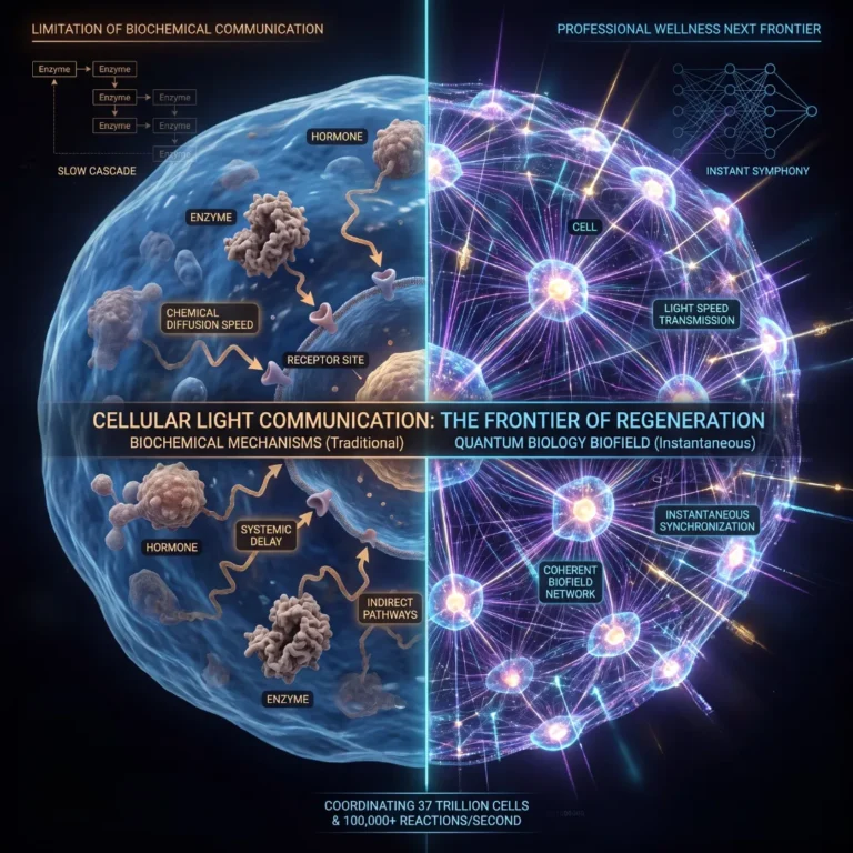 Infographic comparing traditional biochemical mechanisms (slow cascade) with quantum biology biofield communication (instant synchronization).