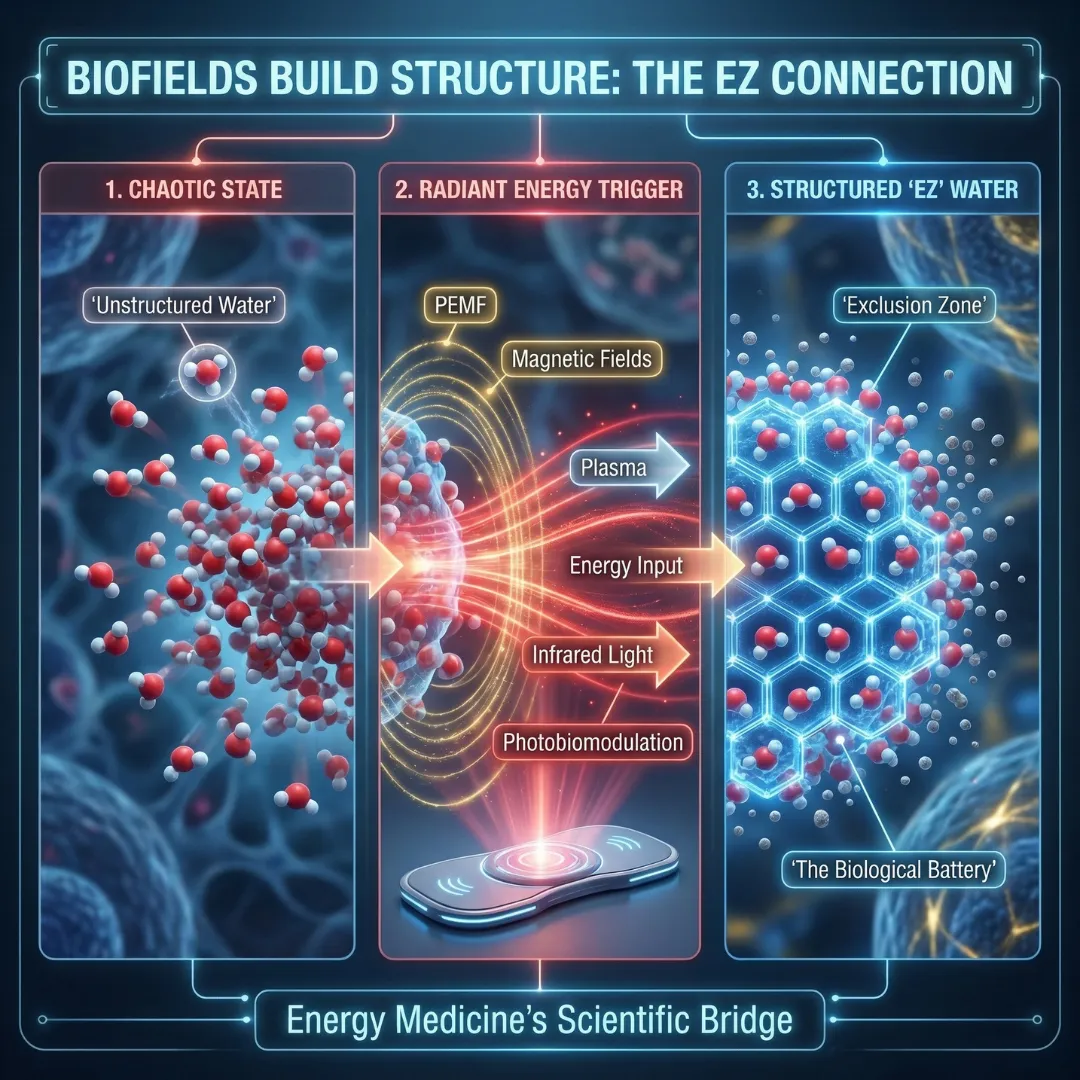 Infographic illustrating how radiant energy triggers like PEMF, plasma, and infrared light transform chaotic unstructured water into structured EZ water.