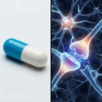 Split composition showing a blue and white capsule on the left and glowing blue neurons firing on the right, symbolizing the biological link between medication and belief.