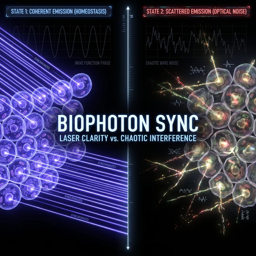 Comparison diagram between State 1: Coherent biophoton emission (Homeostasis) and State 2: Scattered emission (Optical Noise) in human cells.