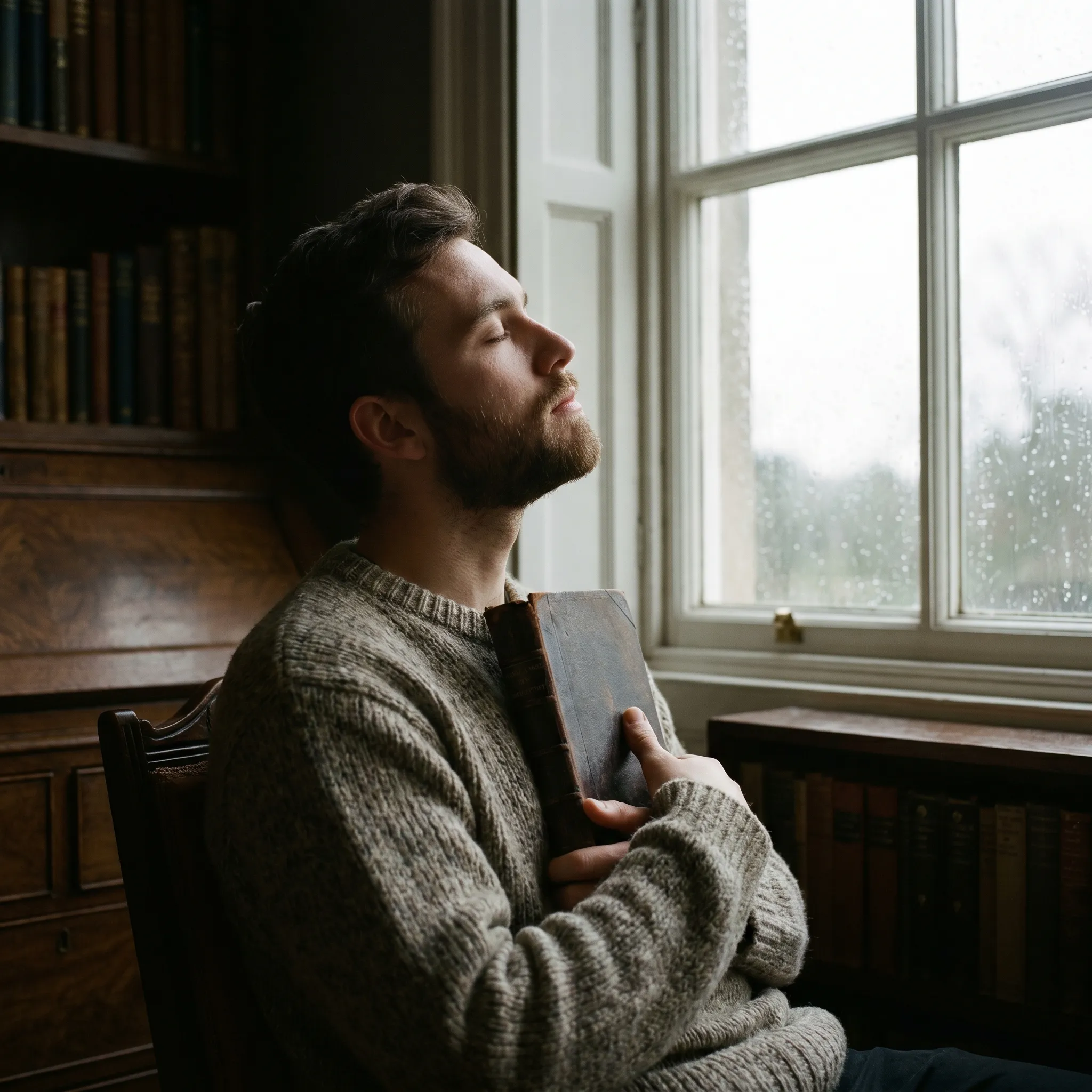 A man sitting by a rainy window with his eyes closed, holding a book to his chest while practicing active recall and memory retention.