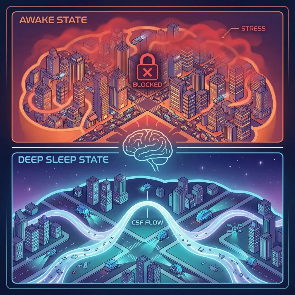 Comparison diagram using a city traffic analogy: 'Awake State' shows blocked, congested streets representing stress, while 'Deep Sleep State' shows clear, flowing channels of CSF washing away waste.