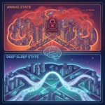 Comparison diagram using a city traffic analogy: 'Awake State' shows blocked, congested streets representing stress, while 'Deep Sleep State' shows clear, flowing channels of CSF washing away waste.
