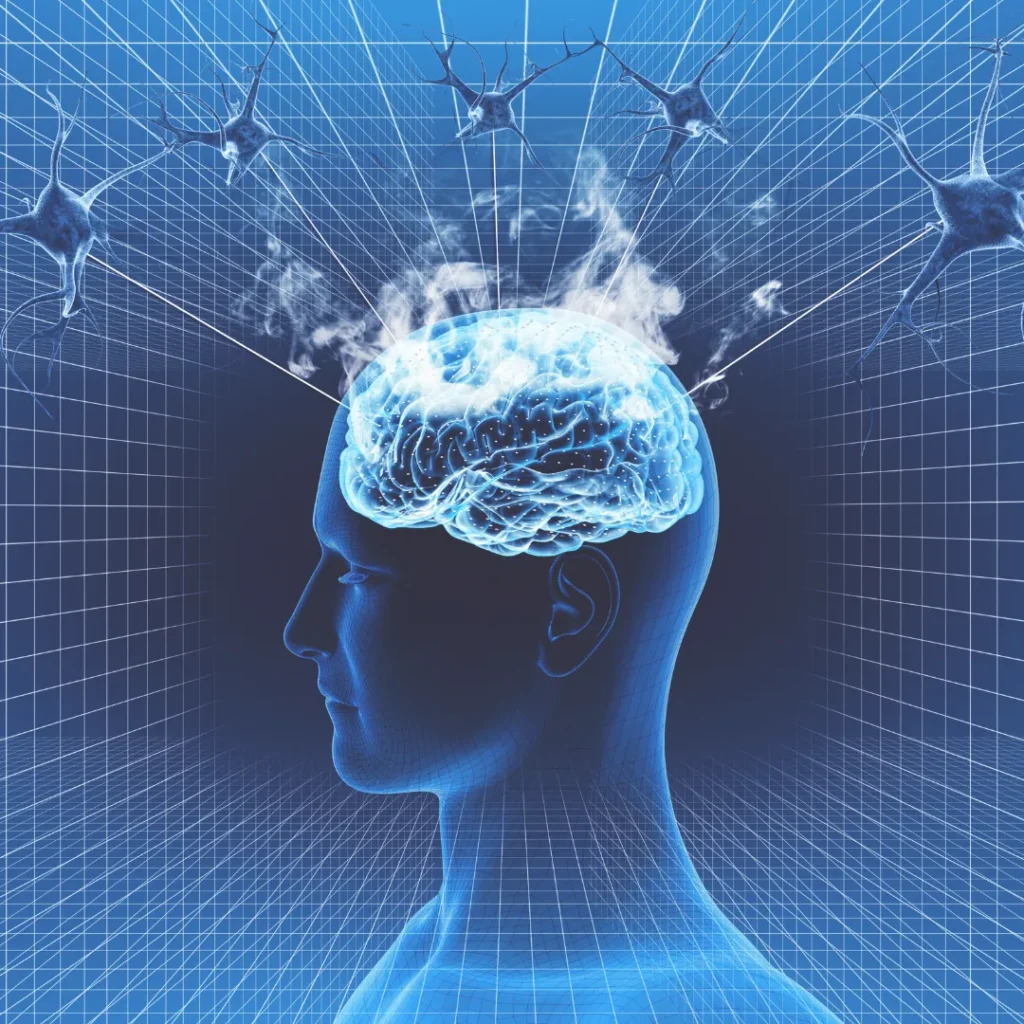 A wireframe human head with a glowing brain receiving signals from external neurons, illustrating the concept of inter-brain synchrony and coupling in therapy.