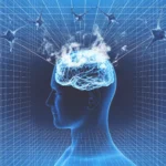 A wireframe human head with a glowing brain receiving signals from external neurons, illustrating the concept of inter-brain synchrony and coupling in therapy.