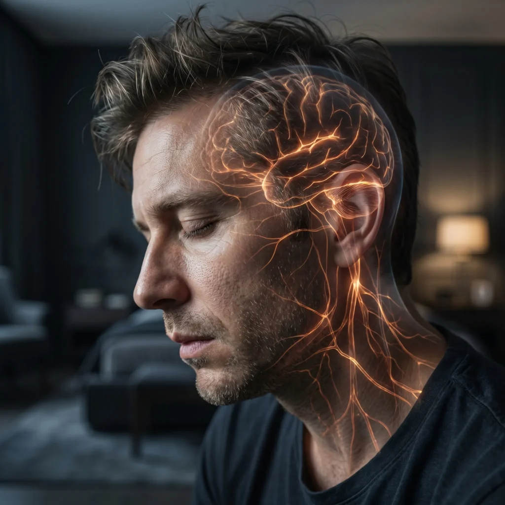 Profile view of a relaxed man with a 3D overlay of a glowing brain and nervous system pathways, showing brainwave entrainment into alpha and theta states.