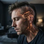 Profile view of a relaxed man with a 3D overlay of a glowing brain and nervous system pathways, showing brainwave entrainment into alpha and theta states.