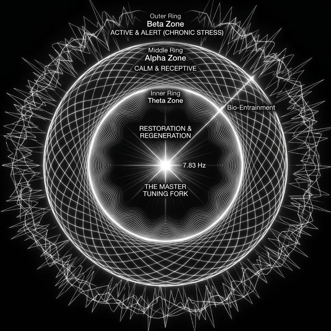 A concentric diagram showing the 7.83 Hz Schumann Resonance as a 'Master Tuning Fork' connecting the Beta, Alpha, and Theta brainwave zones through bio-entrainment for restoration and regeneration.