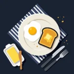 Flat illustration of a fried egg and buttered toast on a plate with a knife and fork