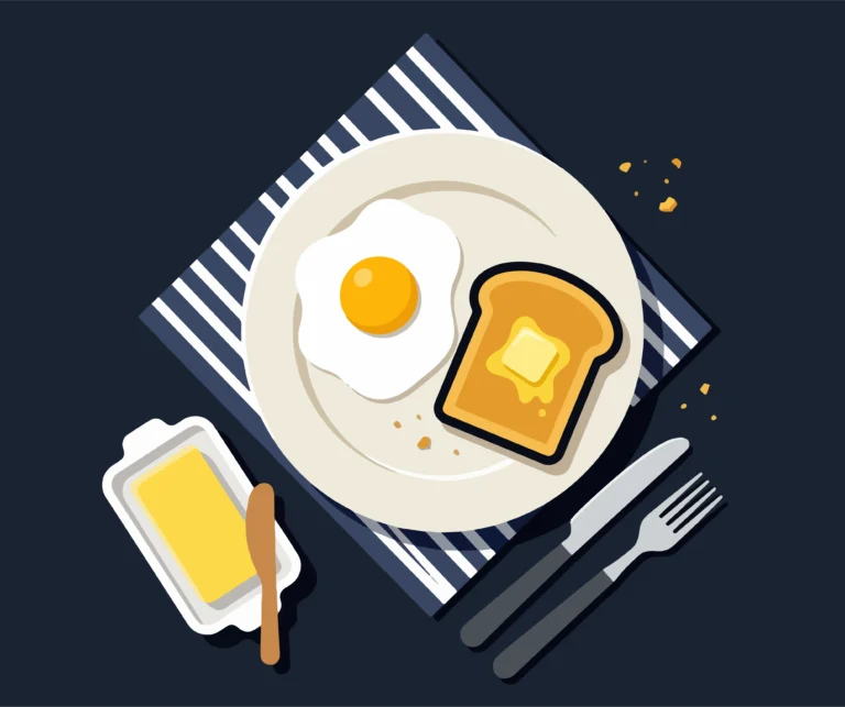 Flat illustration of a fried egg and buttered toast on a plate with a knife and fork