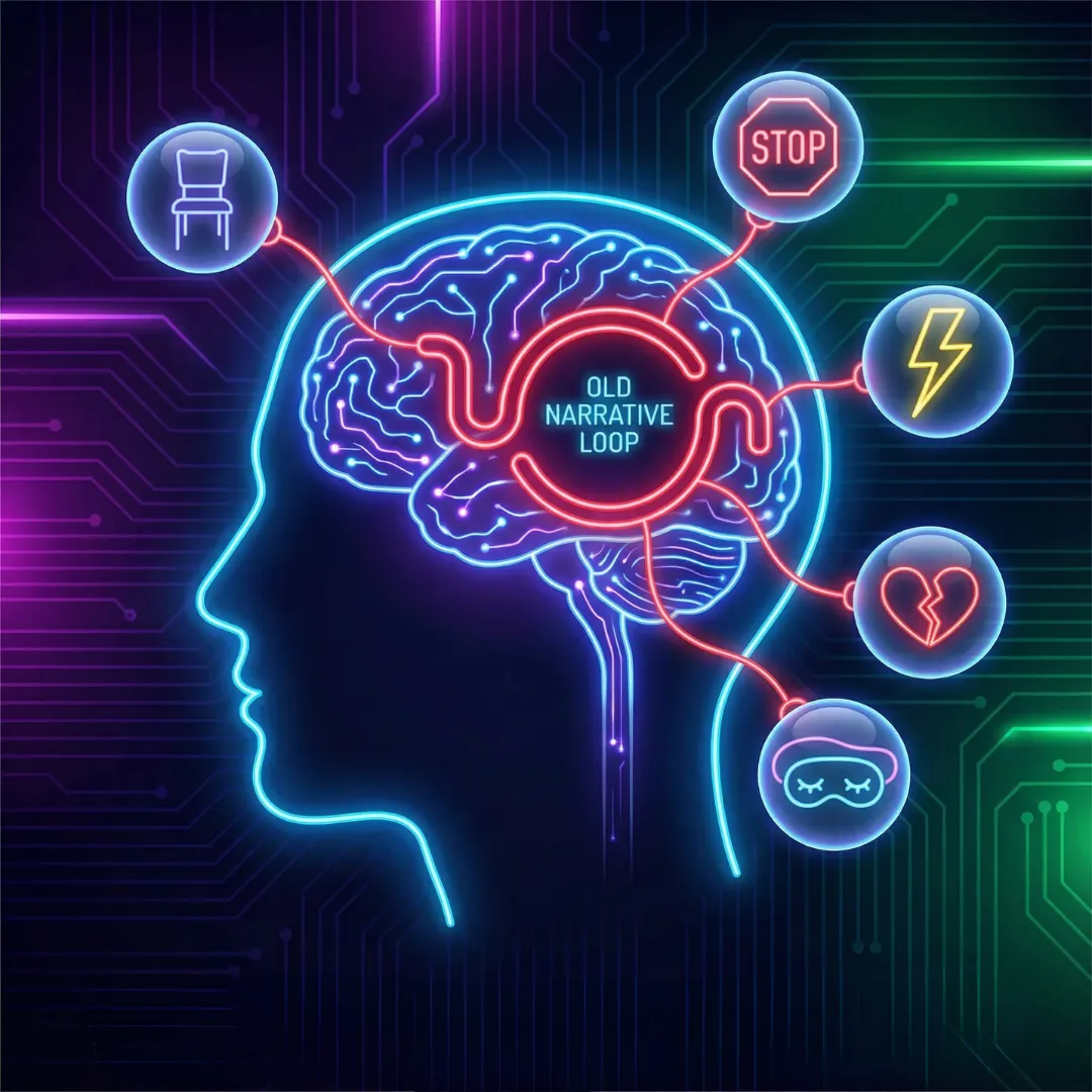 Neon infographic of a human head showing a brain circuit labeled 'Old Narrative Loop,' connected to icons representing trauma responses like heartbreak and sleep issues.