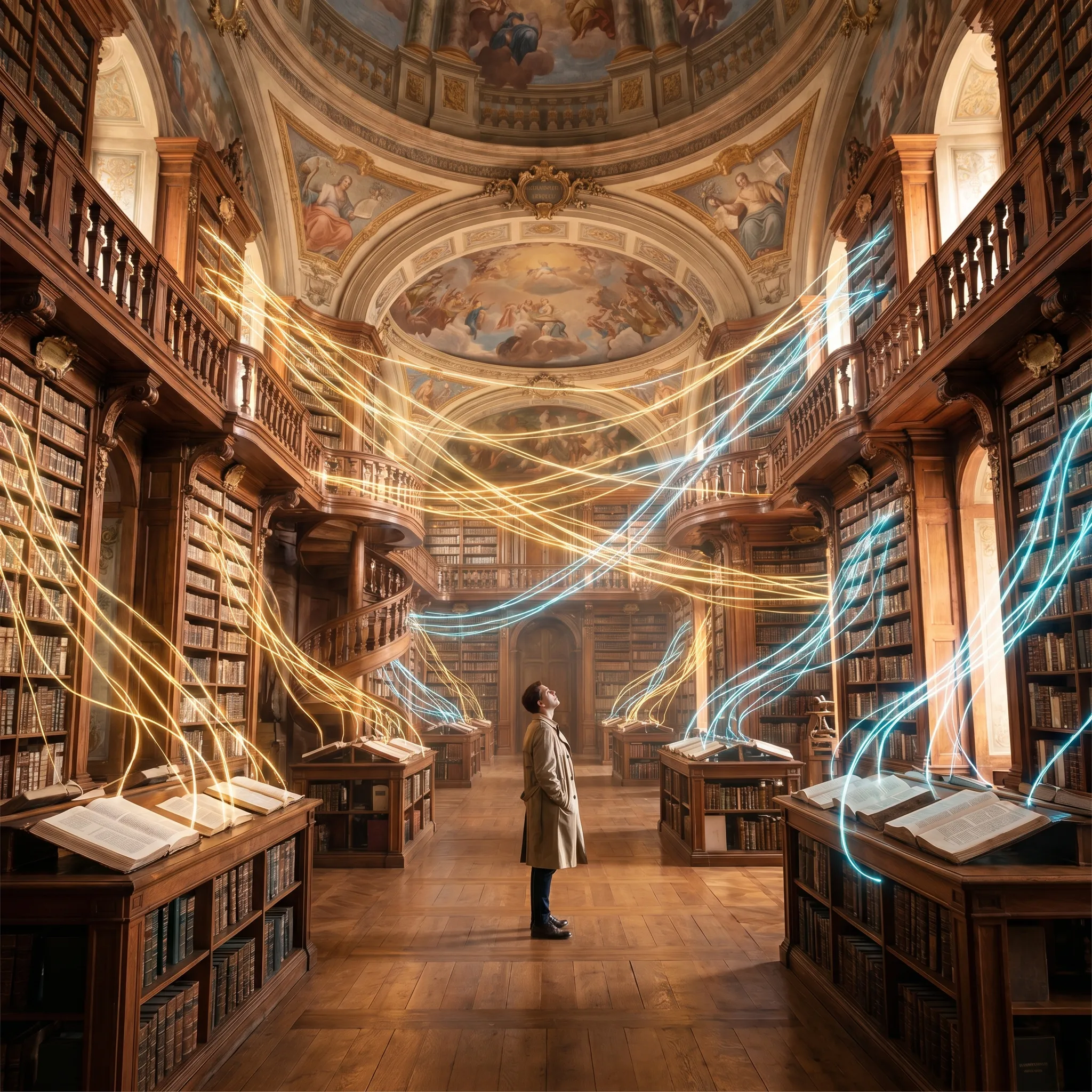A person standing in a grand, classic library surrounded by glowing light streams connecting different books, representing a knowledge network.