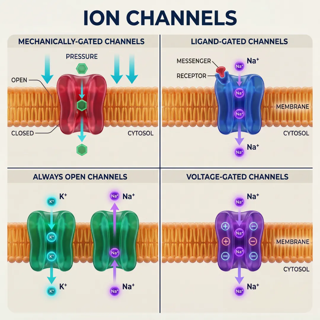 Scientific diagram illustrating four types of cellular ion channels: mechanically-gated, ligand-gated, always open, and voltage-gated channels.
