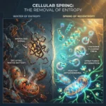 A side-by-side diagram contrasting the "Winter of Entropy," which shows decaying mitochondria and misfolded signals, with the "Spring of Negentropy," which shows healthy mitochondria and structured information.