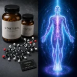 Split image contrasting a chemical view of stress — cortisol supplement and molecule — with a glowing human biofield