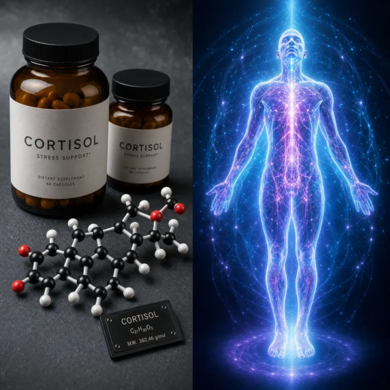 Split image contrasting a chemical view of stress — cortisol supplement and molecule — with a glowing human biofield