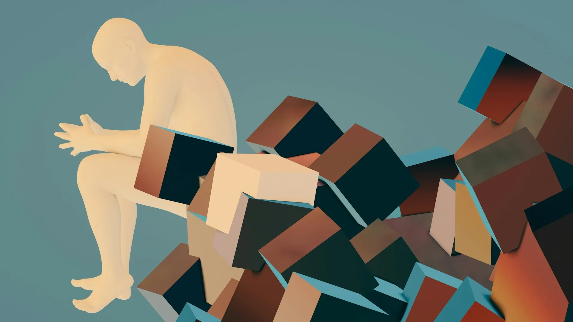 An abstract 3D graphic of a person sitting overwhelmed on top of a massive pile of scattered blocks, representing cumulative allostatic load and stress burden.