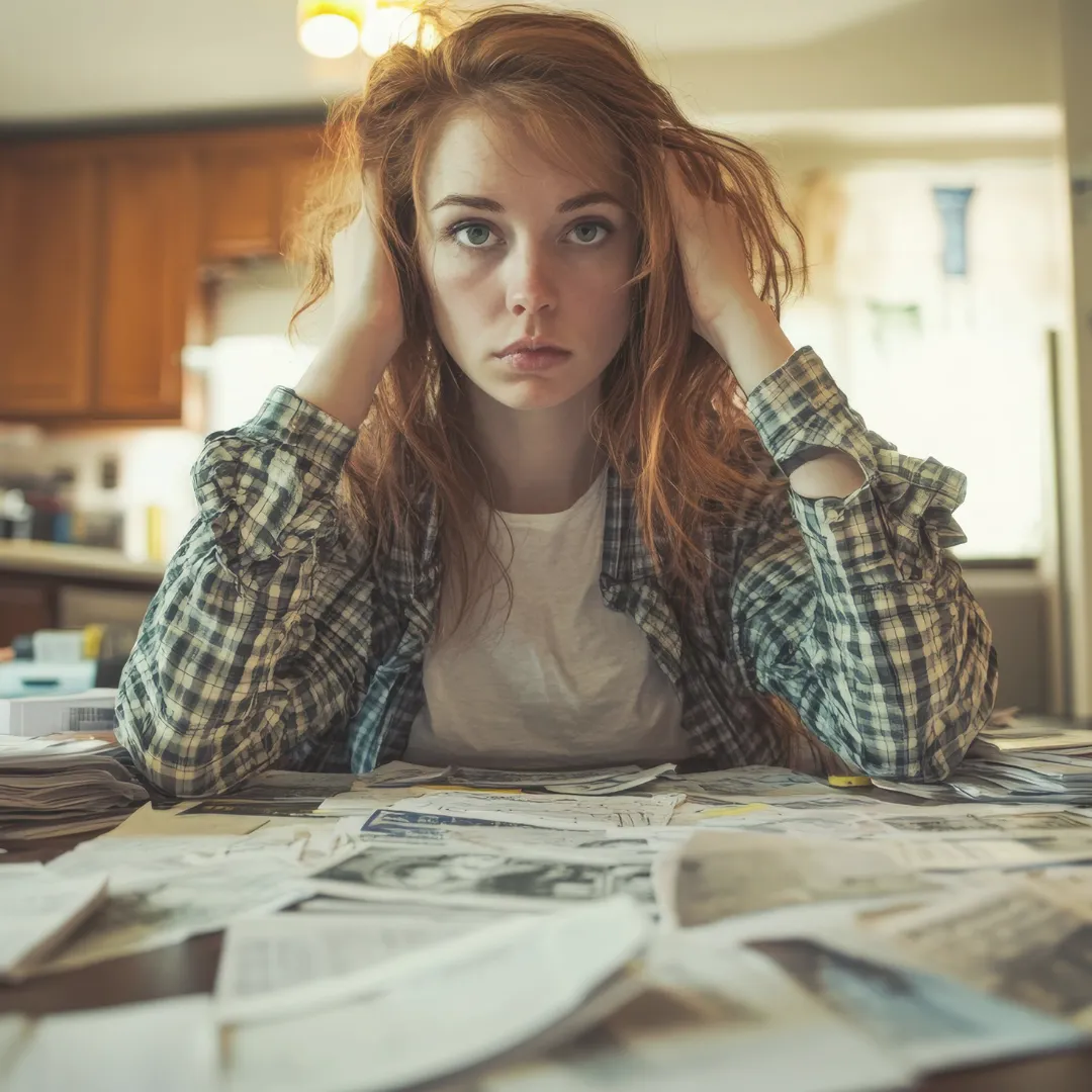 A woman looking overwhelmed with their hands in their hair, surrounded by papers, symbolizing the chronic stress that can become stored in the body as emotional memory.