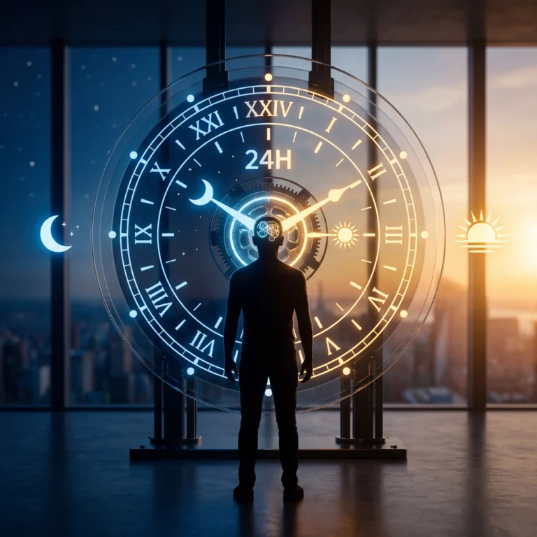 An artistic visualization of circadian rhythm optimization showing a human silhouette synchronized with a 24-hour biological clock split between day and night.