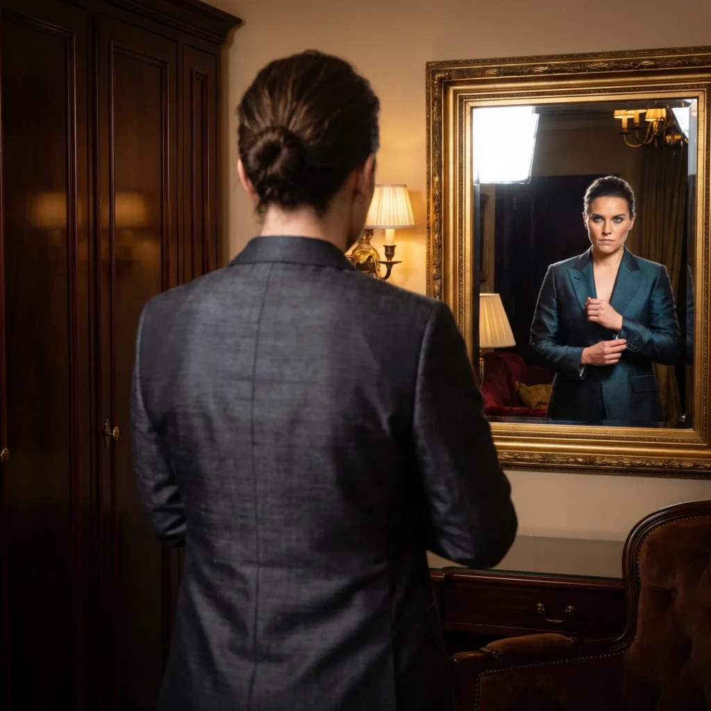 A woman in a sharp suit adjusting their cuffs in a mirror, highlighting the link between formal clothing and self-confidence.