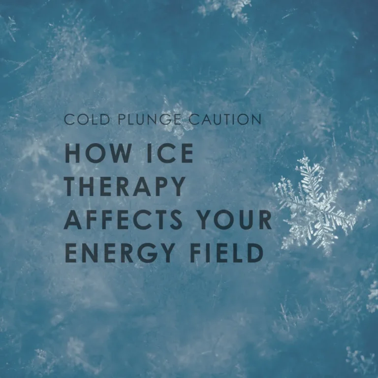 The words 'Cold Plunge Caution: How Ice Therapy Affects Your Energy Field' on a frosty blue background with snowflake graphics.