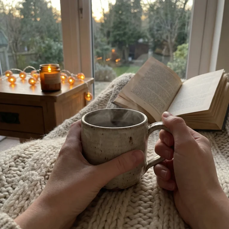 Close-up of hands holding a steaming mug next to an open book and lit candles by a window, representing a relaxing alcohol-free evening routine.