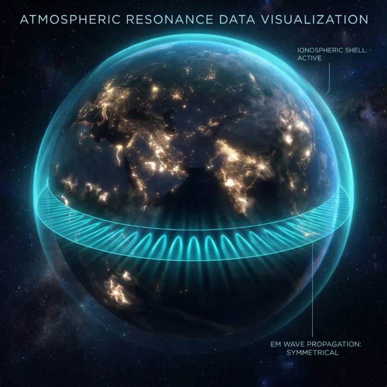 3D atmospheric resonance data visualization of Earth, showing the active ionospheric shell and symmetrical electromagnetic wave propagation that creates the Schumann Resonance.