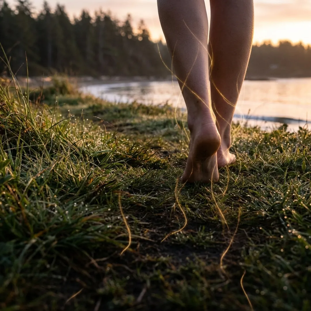 A close-up view of bare feet walking on moist grass at sunrise, visually demonstrating **earthing benefits** as golden threads of light rise from the ground to connect the person with the Earth’s natural frequency.
