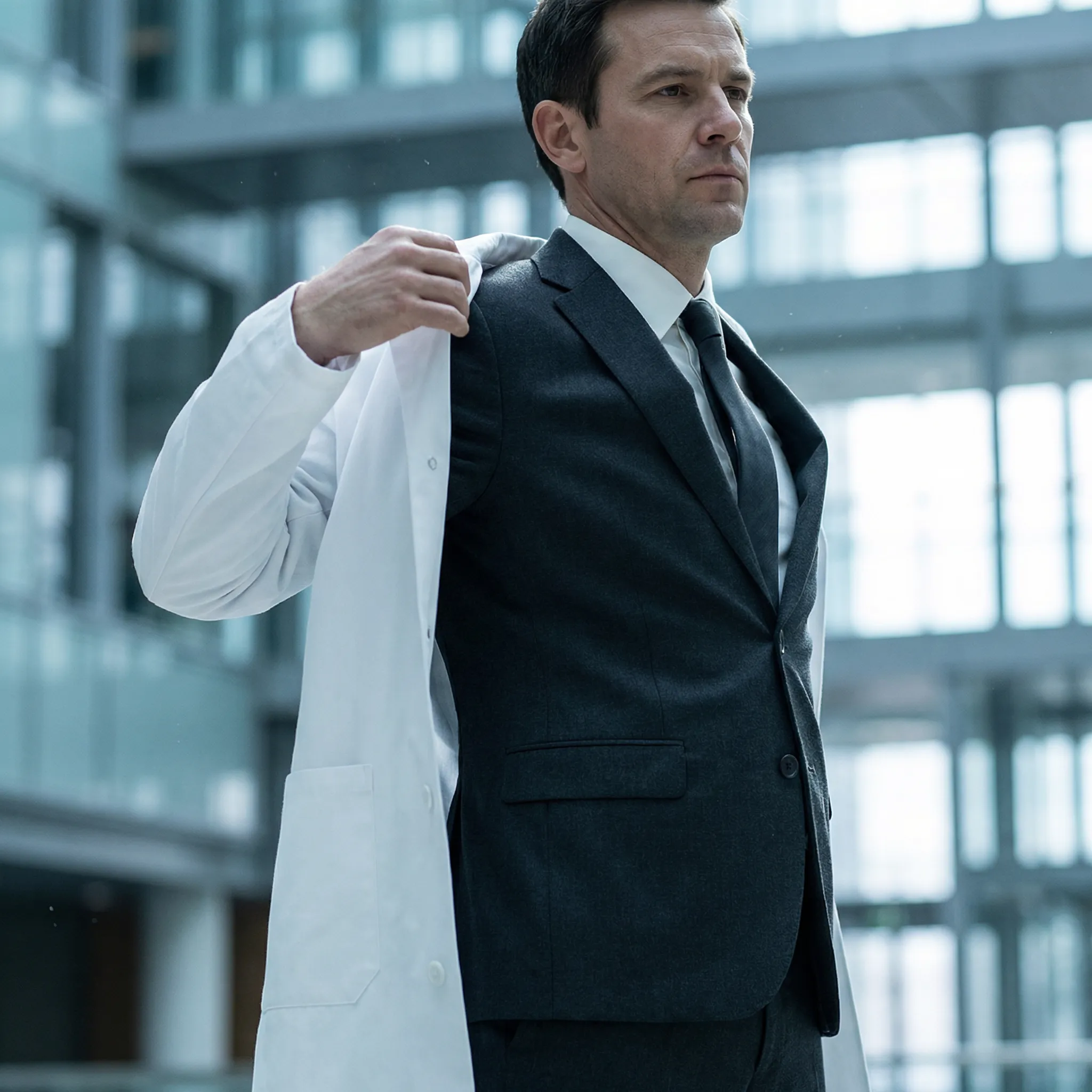 A professional man putting on a white lab coat over a suit, illustrating the psychological concept of enclothed cognition.