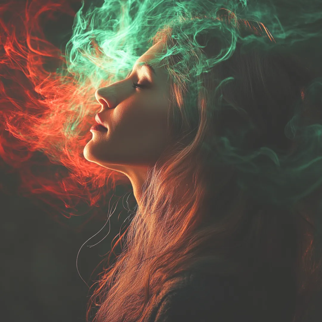 Woman experiencing energy healing with red and green biofield waves surrounding her