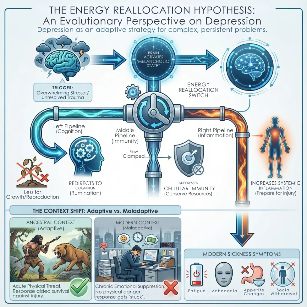 Diagram illustrating the energy reallocation hypothesis, showing how emotional suppression acts as a trigger to redirect energy from immunity to cognition, increasing inflammation and leading to modern sickness symptoms like fatigue.