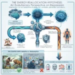 Diagram illustrating the energy reallocation hypothesis, showing how emotional suppression acts as a trigger to redirect energy from immunity to cognition, increasing inflammation and leading to modern sickness symptoms like fatigue.