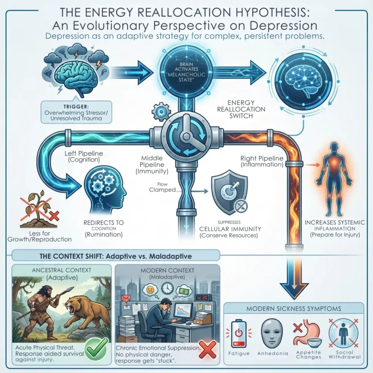Diagram illustrating the energy reallocation hypothesis, showing how emotional suppression acts as a trigger to redirect energy from immunity to cognition, increasing inflammation and leading to modern sickness symptoms like fatigue.