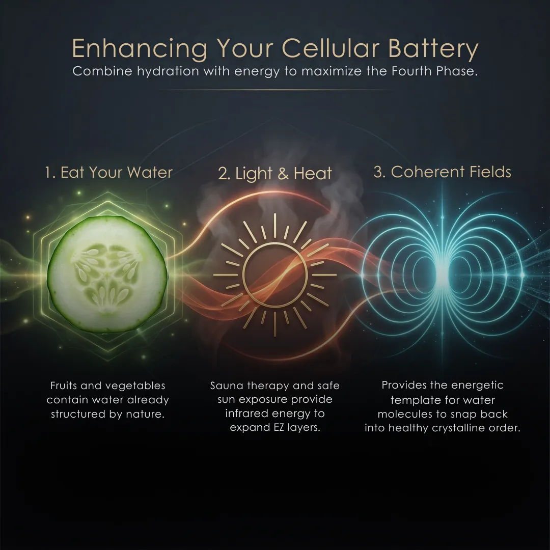 Three methods to enhance your cellular battery: eating water-rich fruits, utilizing light and heat therapies like saunas, and applying coherent electromagnetic fields.