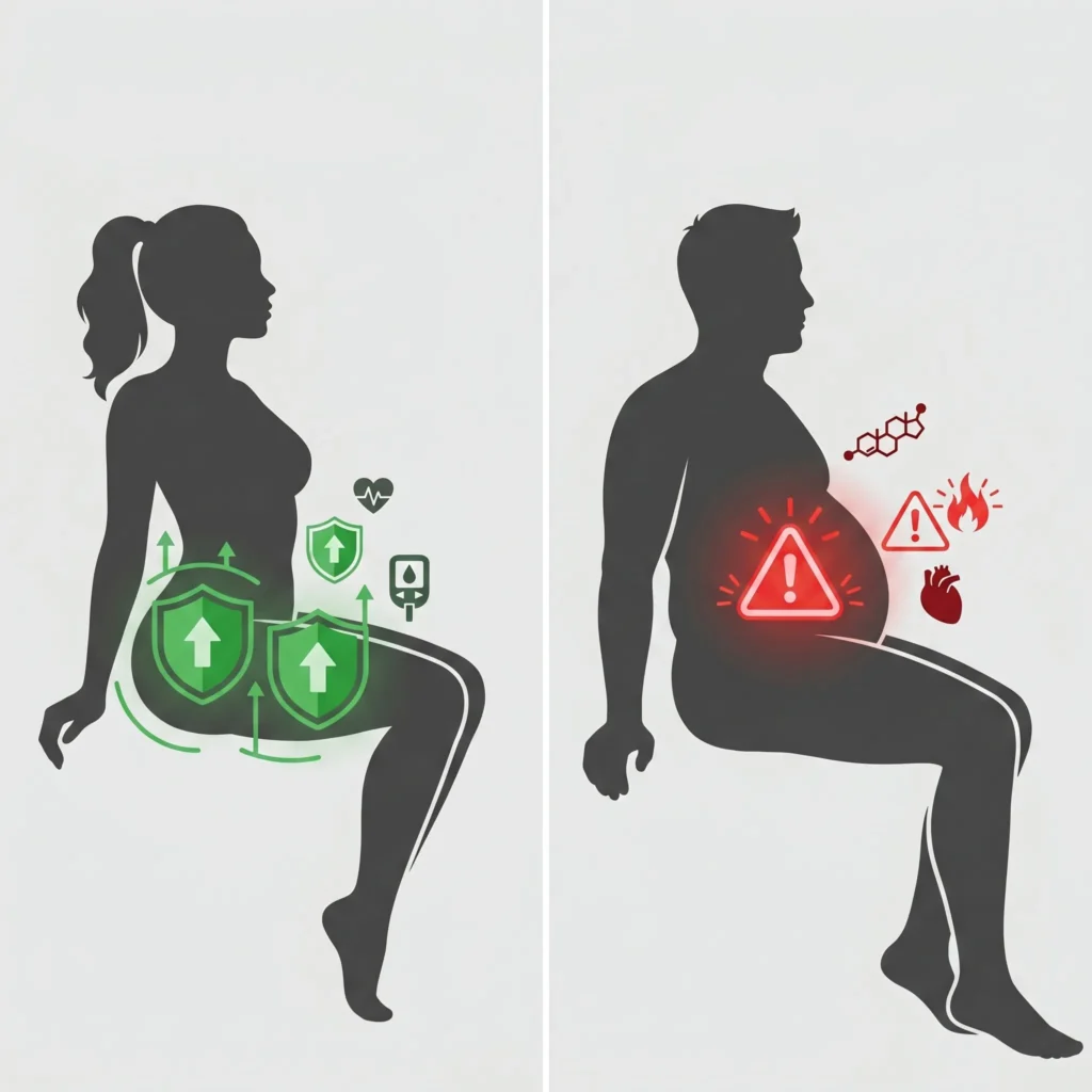 Visual comparison of protective gluteofemoral fat distribution in women versus high-risk visceral fat in men.