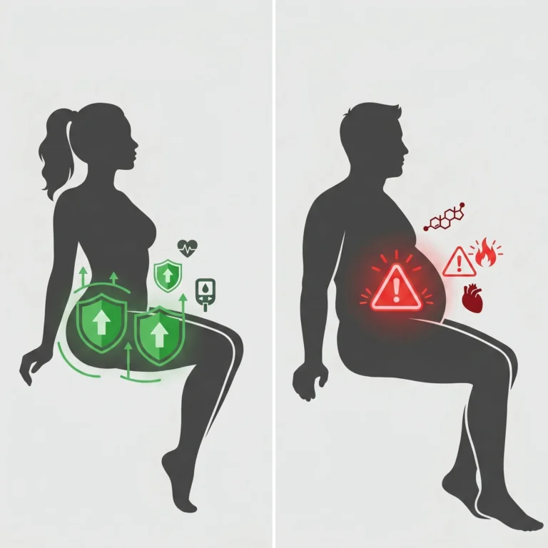Visual comparison of protective gluteofemoral fat distribution in women versus high-risk visceral fat in men.