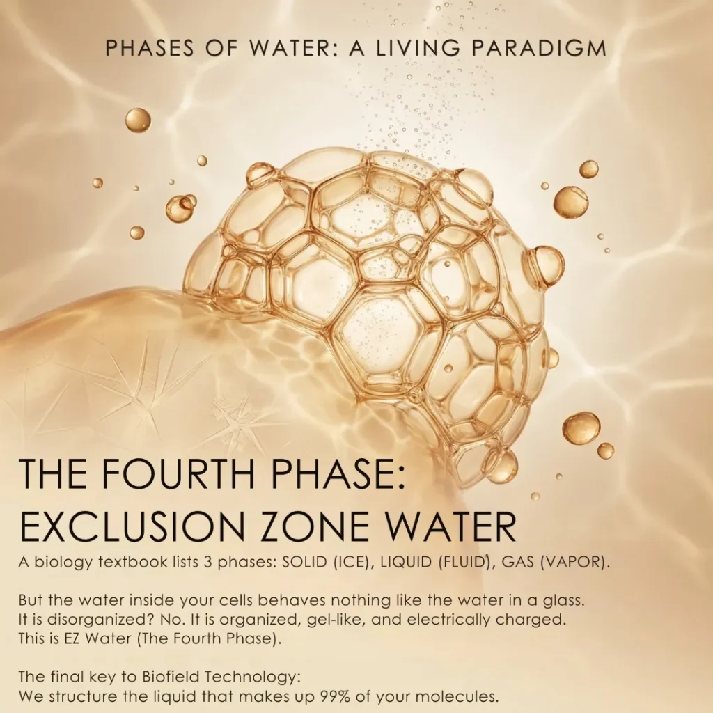 A visual representation of the fourth phase of water, showing it as an organized, gel-like, and electrically charged cellular structure.
