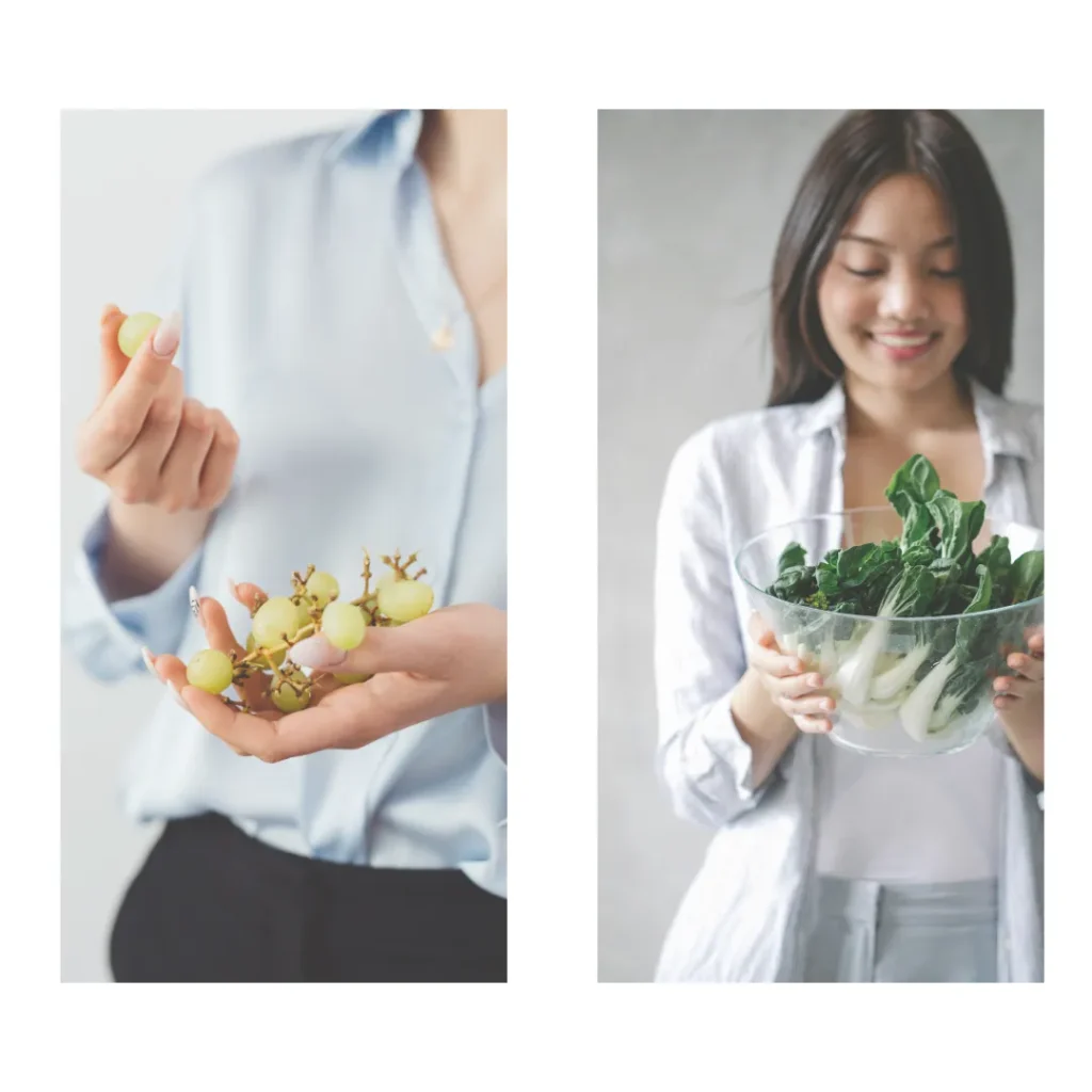 Woman holding fresh green grapes and raw leafy greens, illustrating mindful eating and food choices.
